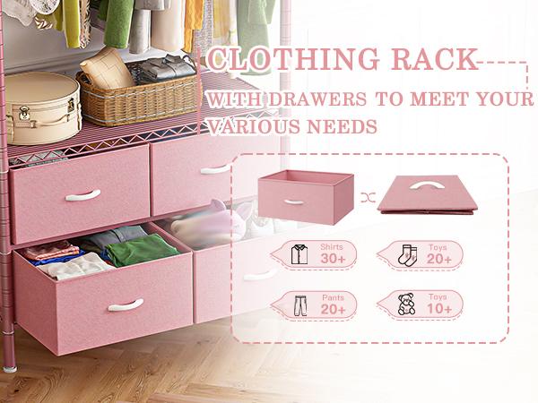 Raybee 3 in 1 Clothes Rack with 4 Drawers, 445LBS Heavy Duty Clothing Rack Closet Rack, Garment Racks for Hanging Clothes Heavy Duty Clothes Rack DIY Portable Adjustable Storage Rack for Apartment, Bedroom, Laundry Room