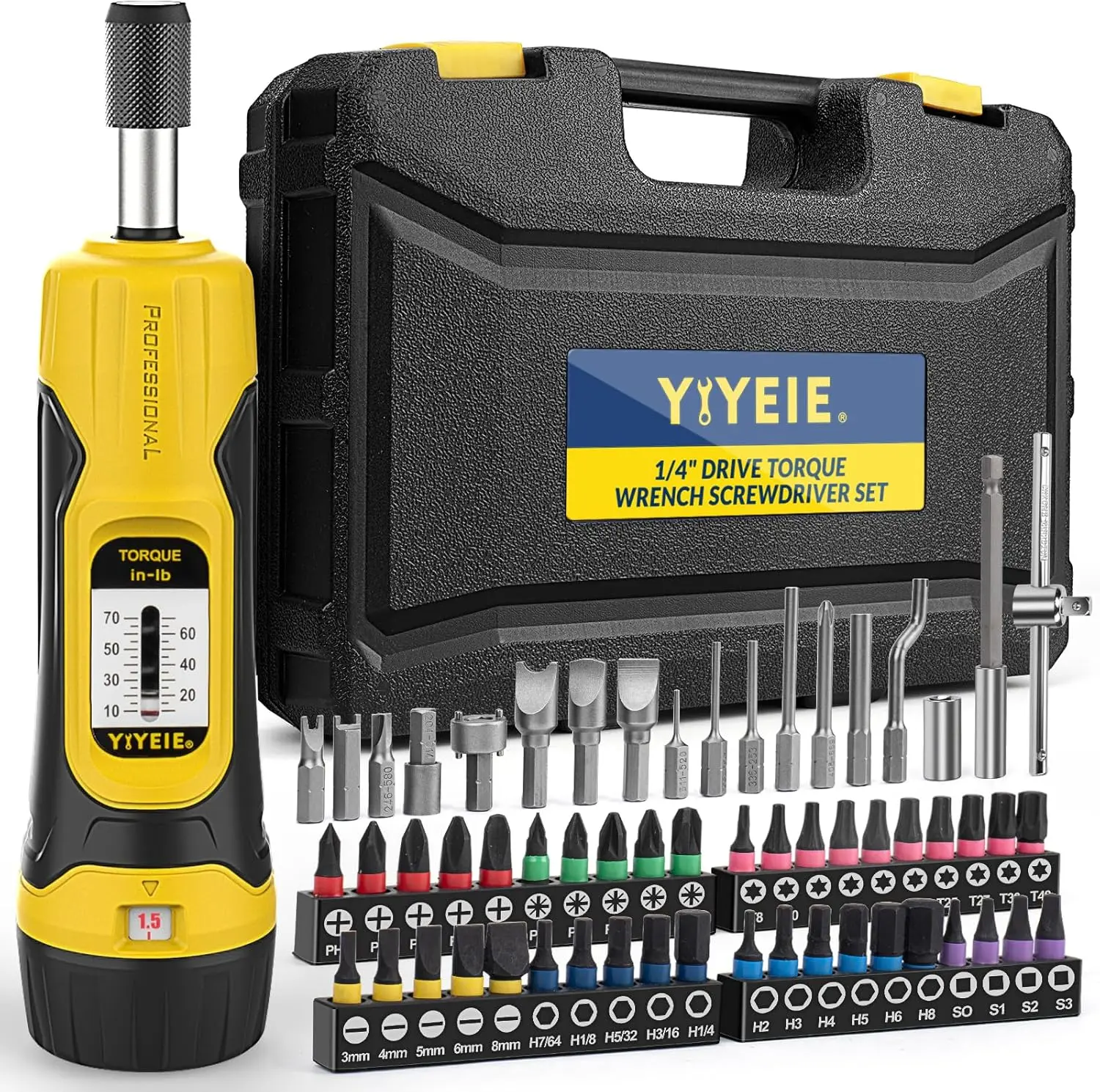 YIYEIE 60Pcs Torque Screwdriver Wrench Set, 10-70 IN.LB, Inch Pound Torque Screwdriver Electrician with S2 Bits, 1/4 Inch Drive, 0.5 In-lbs Adjustable, Small Torque Wrench Tool Kit for Bike, Mounting wrenches