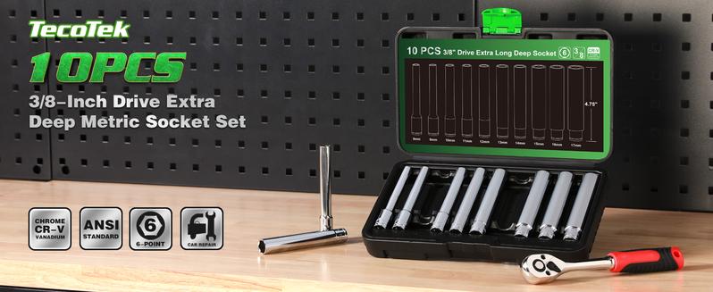 10PCS 3/8-Inch Drive Extra Deep Metric Socket Set, 6 Point, 8mm to 17mm, No Skipped Sizes, 120MM Deep CR-V Socket for Automotive and Industrial Applications