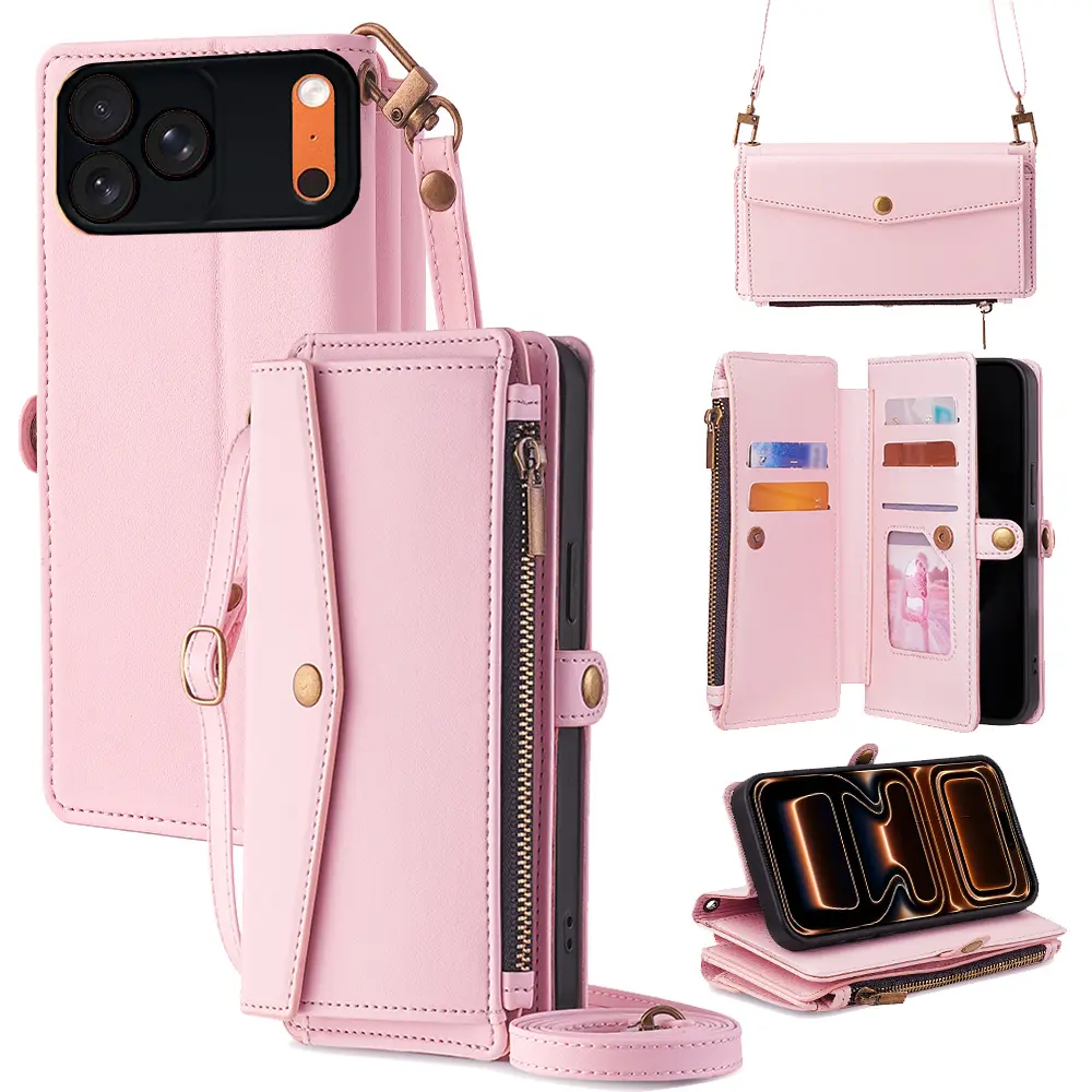 1 PC Multi-Function Leather Adjustable Zipper Smartphone Case - Side Snap Button, Card Slots, Detachable Crossbody Lanyard, Metal Cover, Foldable Design - Protection Accessory for iPhone 17 ProMax,16,15,14,13,12 - Ideal Birthday Gift, Handheld