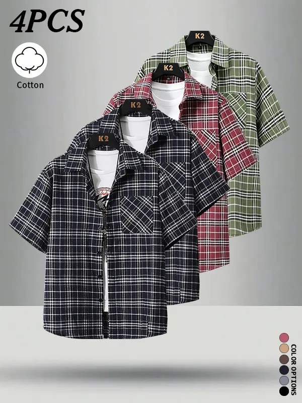 4-pack men’s summer cotton plaid short-sleeve shirts—skin-friendly fabric that is breathable, wicks moisture quickly, and classic plaid design that’s versatile and stylish. Suitable for outdoor outings and everyday travel across multiple occasions.