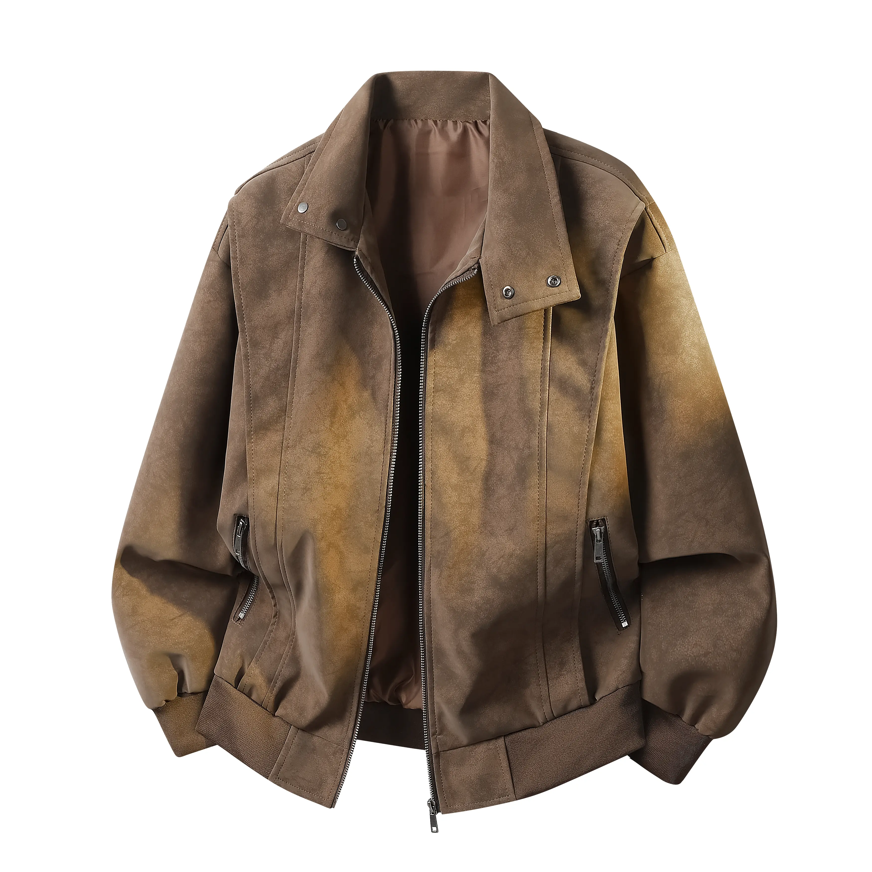 Gihuo Men's Lightweight Suede Jacket, Zipper Closure, Functional Pockets Coats Brown