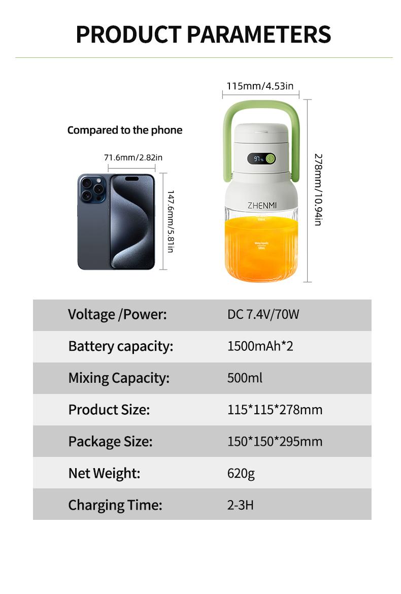 [Live-Ex]  ZHENMI Cordless Portable Blender: BPA-Free, 33oz, Ice Crushing & USB Charging. The Ideal Holidays & Birthdays Gift for Healthy Drinks!