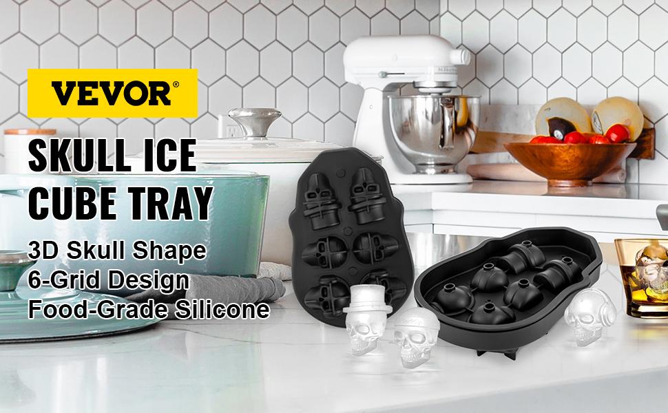VEVOR Skull Ice Cube Tray, TikTokShopBlackFriday, 6-Grid Skull Ice Ball Maker, Flexible Black Silicone Ice Tray with Lid & Funnel, Skull Ice Cubes in 3 Distinct Patterns for Beverages & Chocolates on Parties & Holidays