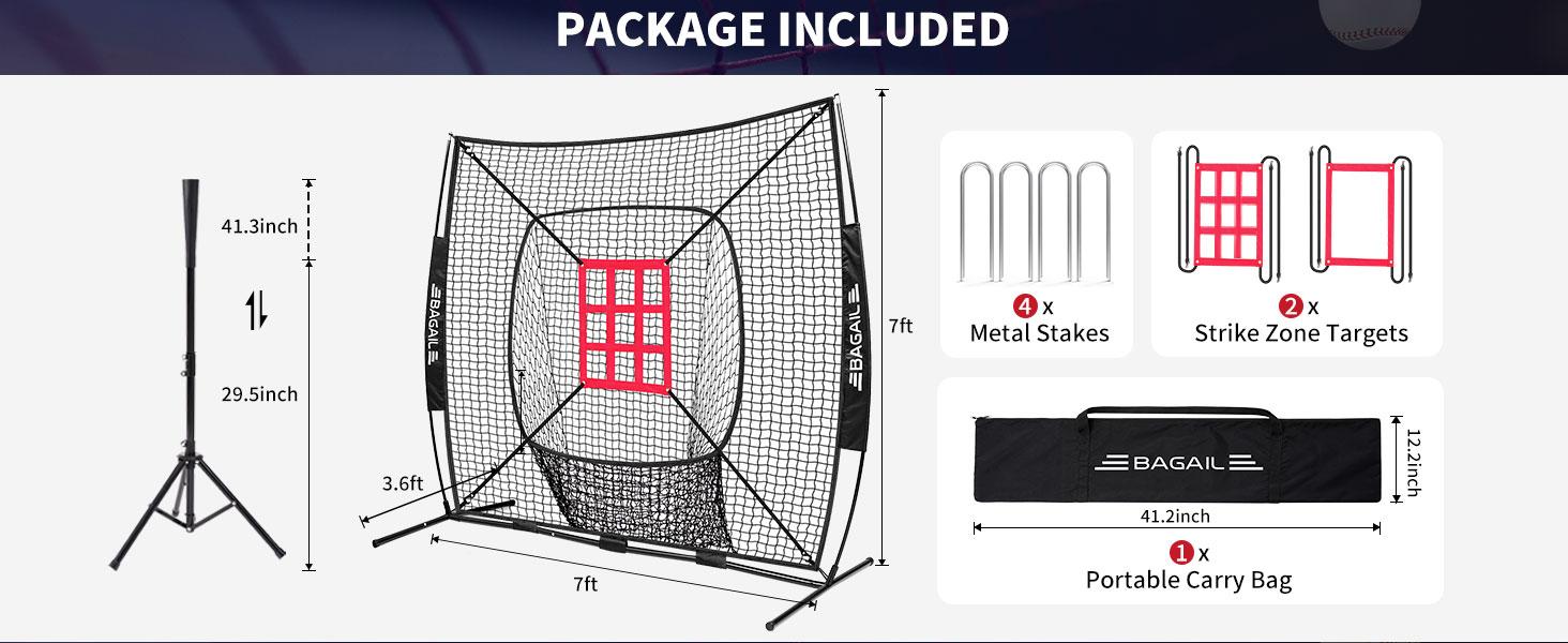 【SpringStatements】BAGAIL 7x7 ft Baseball & Softball Practice Net with Bow Frame for Batting, Hitting, Pitching, Portable Baseball Throwing Net with 2 Strike Zone Batting Tee, Carry Bag, Great for All Levels