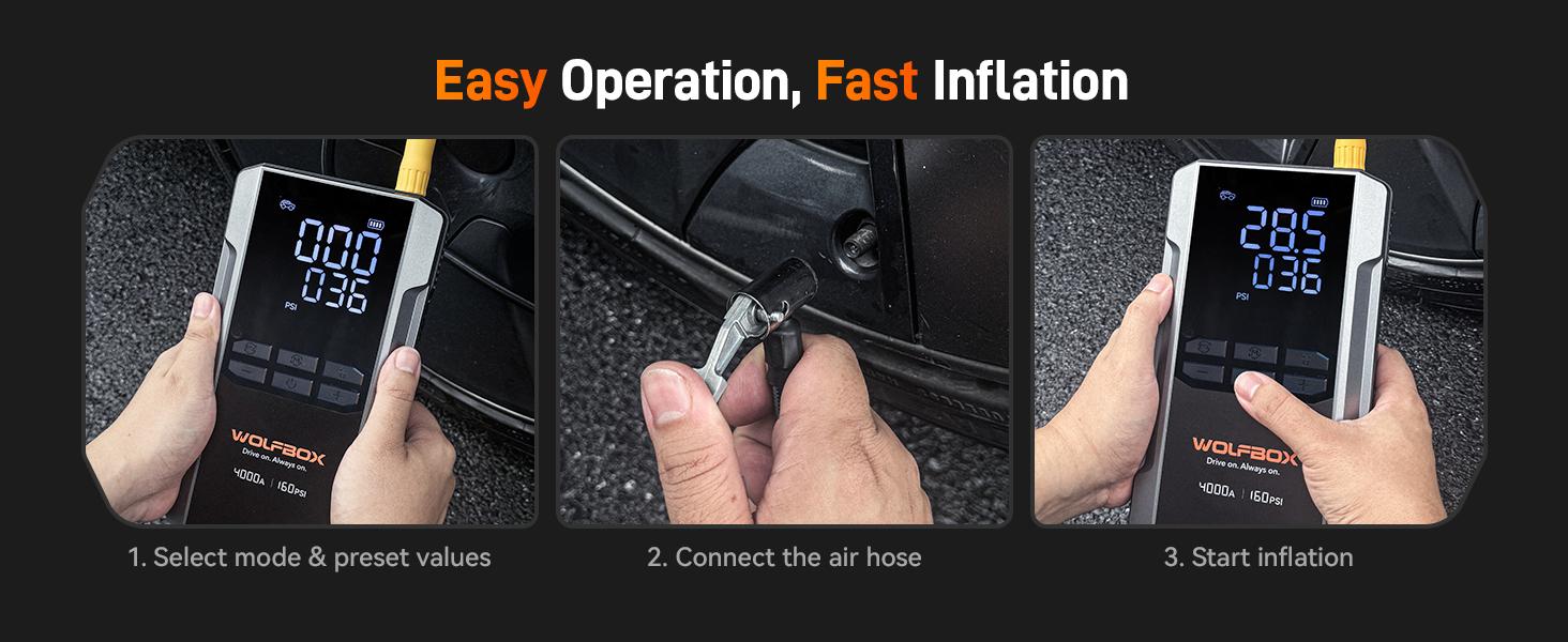 WOLFBOX 4000A Jump Starter with 160PSI Air Compressor, 12V Car Battery Booster, 65W Fast Charge, 88.8Wh Portable Tire Inflator, LED Display for 10L Gas & 10L Diesel Engines, LED Light, Jumper Cables WOLFBOX 4000A Jump Starter with 160PSI Air Compressor, 12V Car Battery Booster, 65W Fast Charge, 88.8Wh Portable Tire Inflator, LED Display for 10L Gas & 10L Diesel Engines, LED Light, Jumper Cables