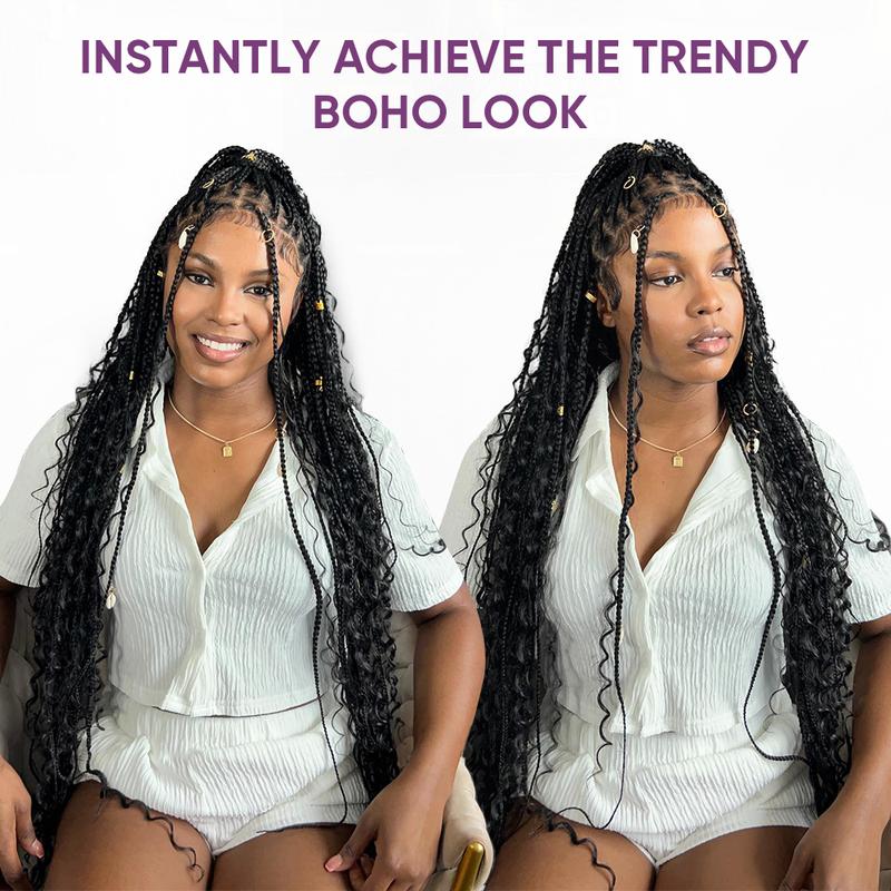 Valentine Musts 36 Inches Full Lace Premium Synthetic Fiber Knotless Bohemian Box Braided Wigs Wavy SuperNova Hair DM to Pre-cut Lace