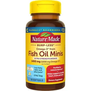 Nature Made Extra Strength Burp Less Fish Oil Omega 3 Supplements 1400 mg Minis, Omega 3 Fish Oil as Ethyl Esters for Healthy Heart Brain Eyes Support, 60 Softgels, 30 Day Supply