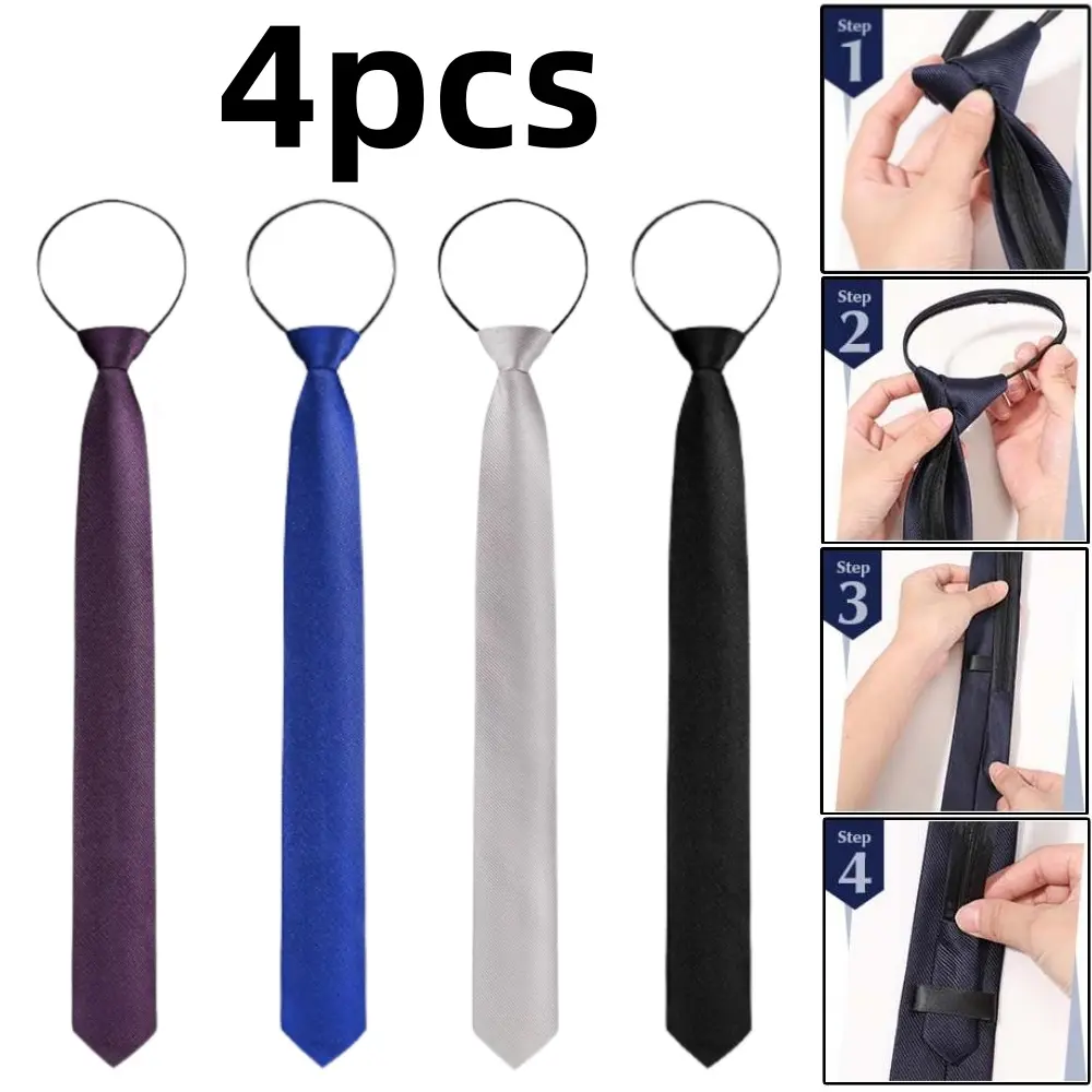 4 piece Solid Color Necktie Adjustable Necktie Pre Tied Mens Tie Zipper Skinny Necktie for School Wedding Christmas