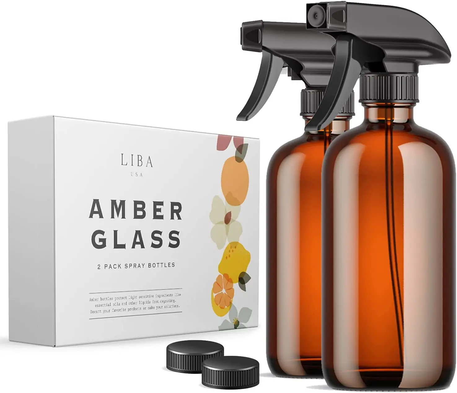LiBa 2-Pack 16oz Amber Glass UV-Protection Spray Containers - Refillable Home Storage for Essential Oils, Natural Cleaning, Linen Care, Adjustable for Versatile Use, Refillable Design