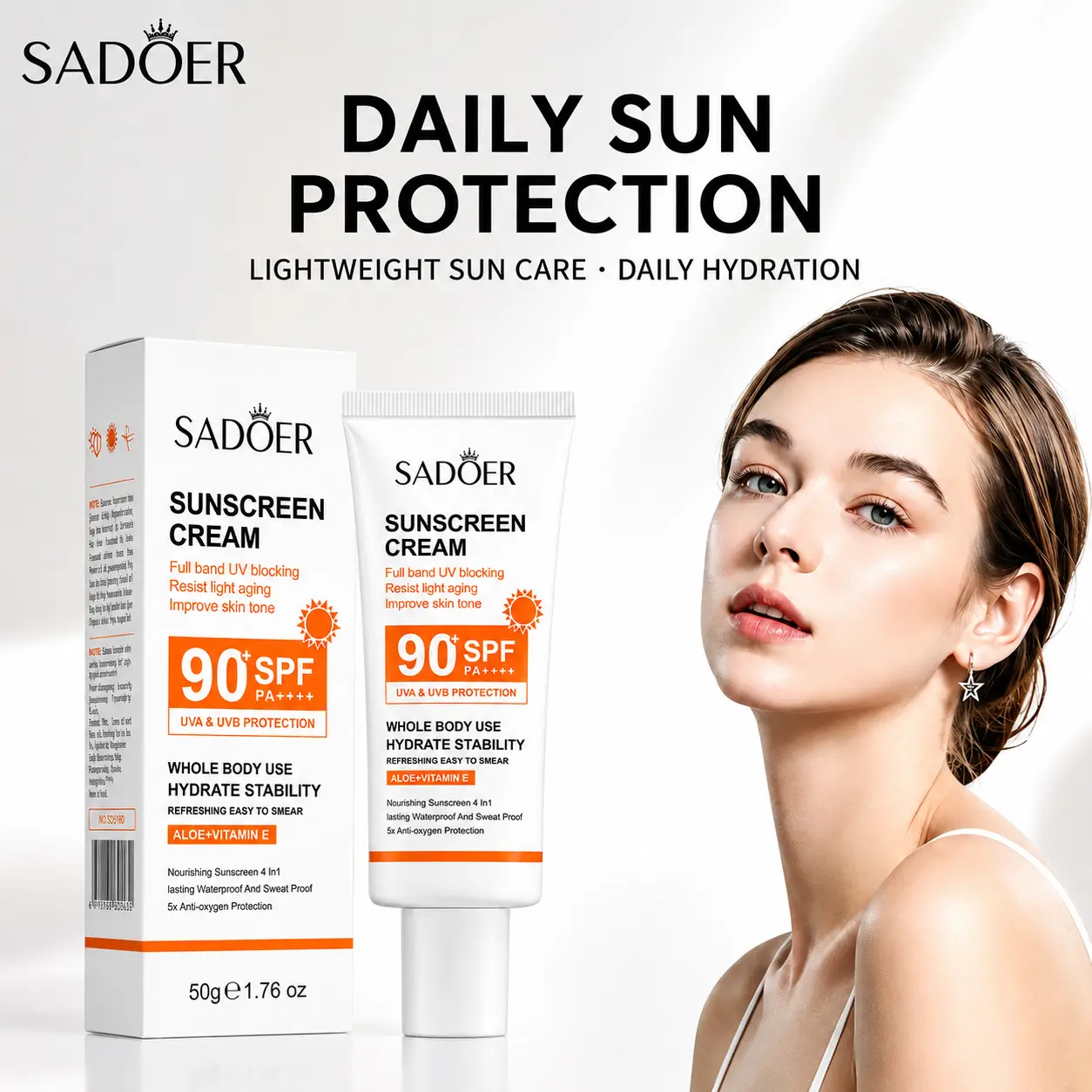 SADOER SPF90 PA++++ Sunscreen Cream with Aloe & Vitamin E - Refreshing, Nourishing, Waterproof, Sweat-Resistant Lotion for Daily Face & Whole Body Sun Care (Makeup Base Primer)