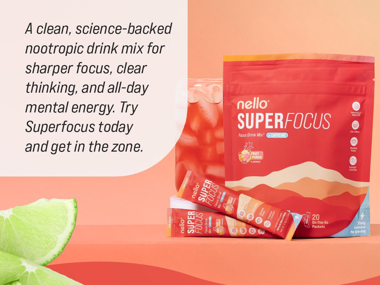 Nello Superfocus Travel Packets Bundle (2-Pack): Nootropic Drink Mix with Lion’s Mane, Rhodiola & Alpha-GPC – Supports Memory, Brain Health & Mental Stamina, Enhances Clarity & Sharpness, Helps Fight Brain Fog Nello Superfocus Travel Packets Bundle (2-Pack): Nootropic Drink Mix with Lion’s Mane, Rhodiola & Alpha-GPC – Supports Memory, Brain Health & Mental Stamina, Enhances Clarity & Sharpness, Helps Fight Brain Fog