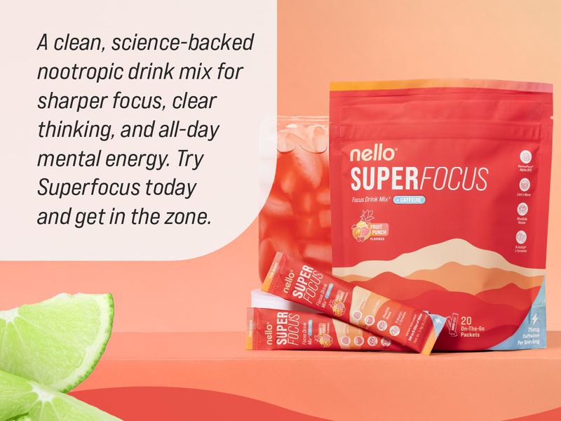 Nello Superfocus Travel Packets Bundle (2-Pack): Nootropic Drink Mix with Lion’s Mane, Rhodiola & Alpha-GPC – Supports Memory, Brain Health & Mental Stamina, Enhances Clarity & Sharpness, Helps Fight Brain Fog