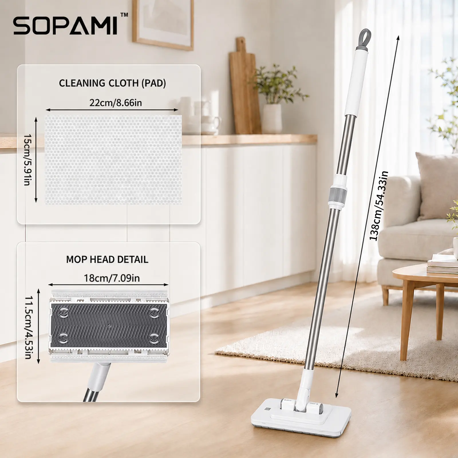 SOPAMI Retractable Disposable Dust Mop - Handheld Mop with Hands-Free Automatic Clamp, Dry-Wet Dual Use, Replaceable Non-Woven Pads, No Hand Wash, Cleaning Supplies for Hardwood Floors, Tile Floors