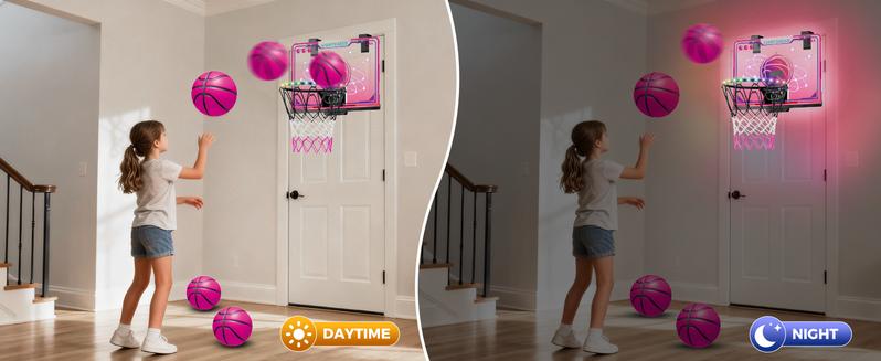 VATOS Basketball Hoop for Girls Indoor, LED Basketball Hoop with 7 Color Lights, Glowing Rim, Scoreboard & Remote Controller, Basketball Set Sports Toys Birthday Gifts for Girls Kids Teens 5-12