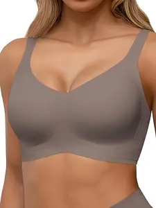 Seamless Full Coverage Wire-Free Push Up Bra for Women, Comfortable V Neck Supportive Underwire