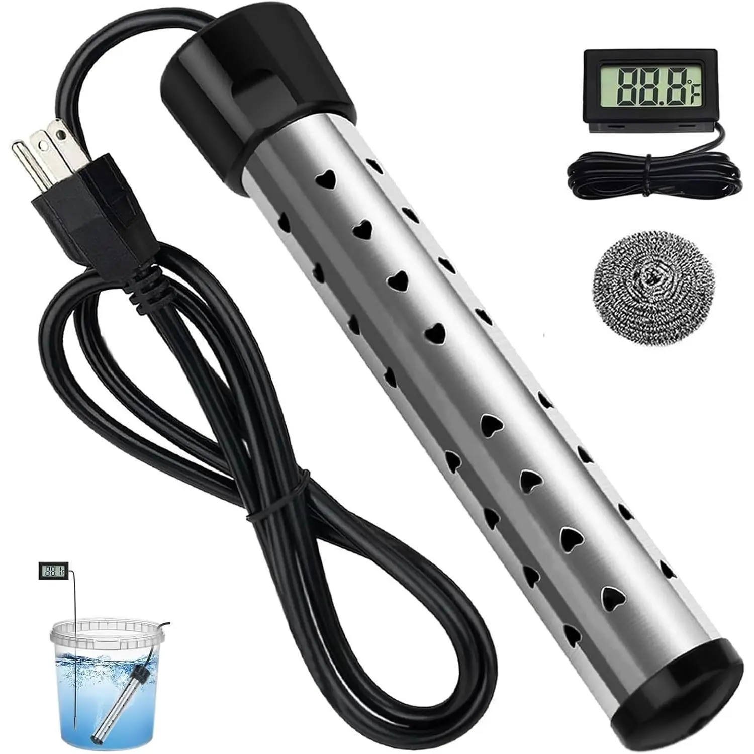 2000W Portable Immersion Water Heater, Digital Control, 304 Stainless Steel & LCD Thermometer, Fast Heat Bathtub Bucket, Include Hardware