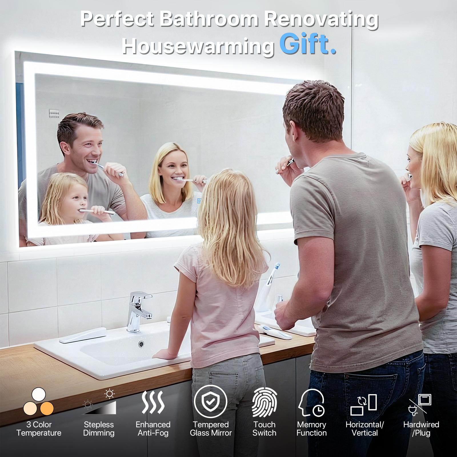 Glitgate LED Bathroom Vanity Mirror with Tempered Glass with Microwave Radar & Smart Touch Sensor, Defogger, Wall-Mounted for Home Decor - Horizontal/Vertical Installation Suitable for Dressers, Bathroom, or Hallways
