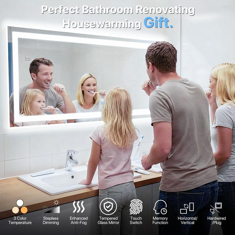 Glitgate LED Bathroom Vanity Mirror with Tempered Glass with Microwave Radar & Smart Touch Sensor, Defogger, Wall-Mounted for Home Decor - Horizontal/Vertical Installation Suitable for Dressers, Bathroom, or Hallways