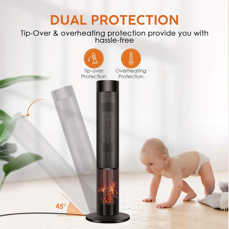 36 inches 1500W Electric Tower Space Heater with 3D Realistic Flame, Remote, Fast Heating, Adjustable Thermostat,3 Modes, Overheating &Tip-over Protection, Oscillating for Indoor Use Portable
