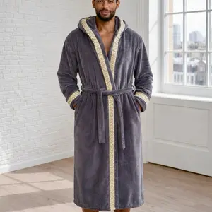Royalty Robes Men's Grey Hooded Royalty Robe - Menswear, Long Sleeve, Plain, Soft Fleece Bathrobe with Gold & Silver Greek Key Trim, Pockets, Tie, Casual Loungewear