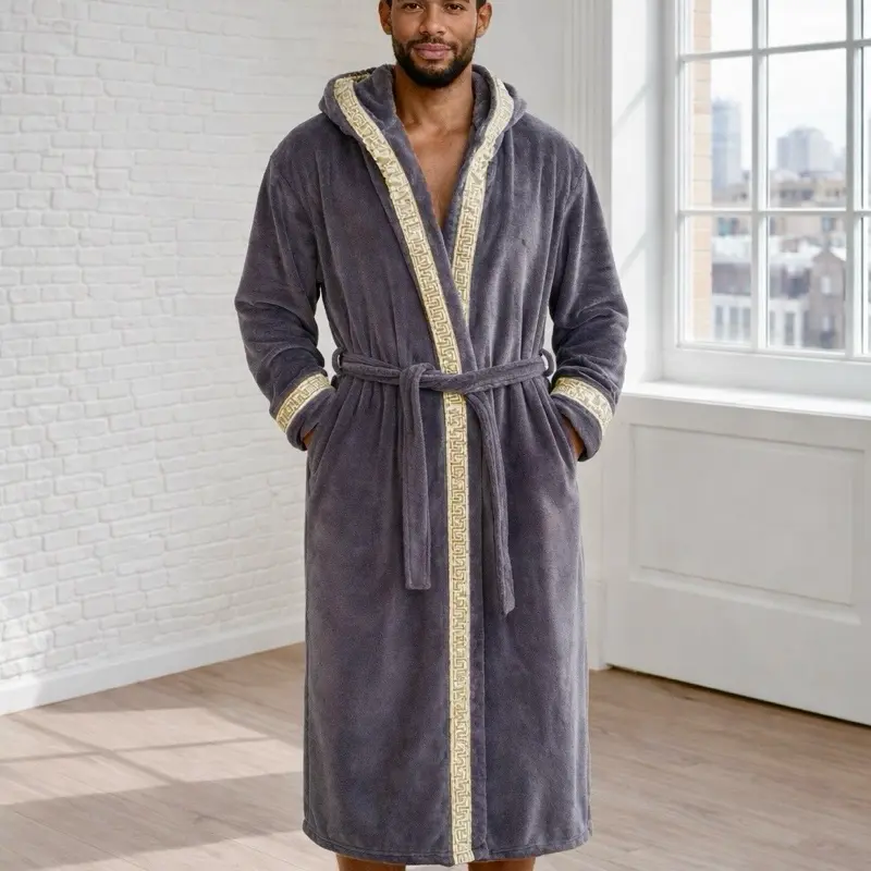 Royalty Robes Men's Grey Hooded Fleece Robe - Nightwear, Menswear, Gold & Silver Greek Key Trim, Pockets, Adjustable Tie Belt, Soft Casual Loungewear Long Sleeve, Classic, Nightwear Robe