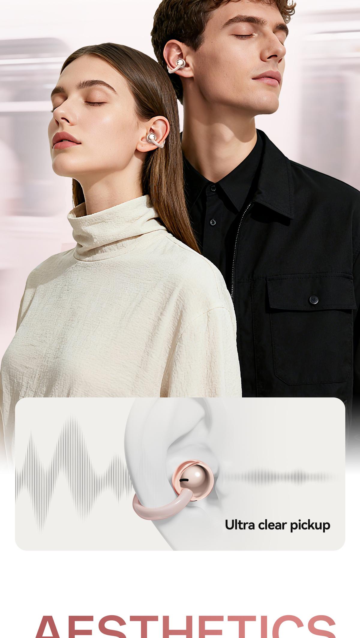 CHENRUIDA M106 Women's Headphones with Dynamic Stereo Earbuds ENC Call Noise Reduction IPX7 Waterproof 360° Panoramic Sound Ear Clip Earphones Comfortable Fit pink head phones