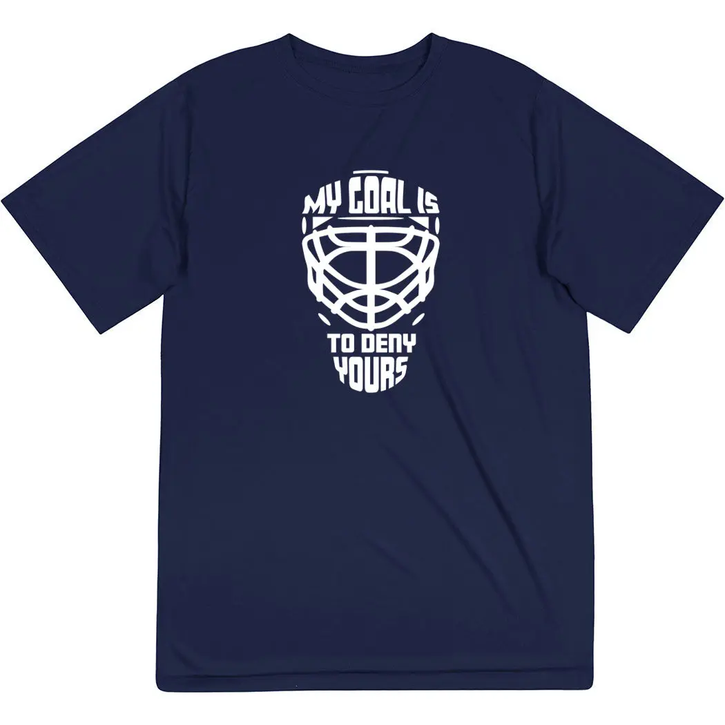 Men's Hockey Goalie Short-Sleeve Performance T-Shirt - "My Goal is to Deny Yours" Graphic, Goalie Mask Print, Moisture-Wicking, UV Protection, Tee, Casual, Great Gift for Any Occasion
