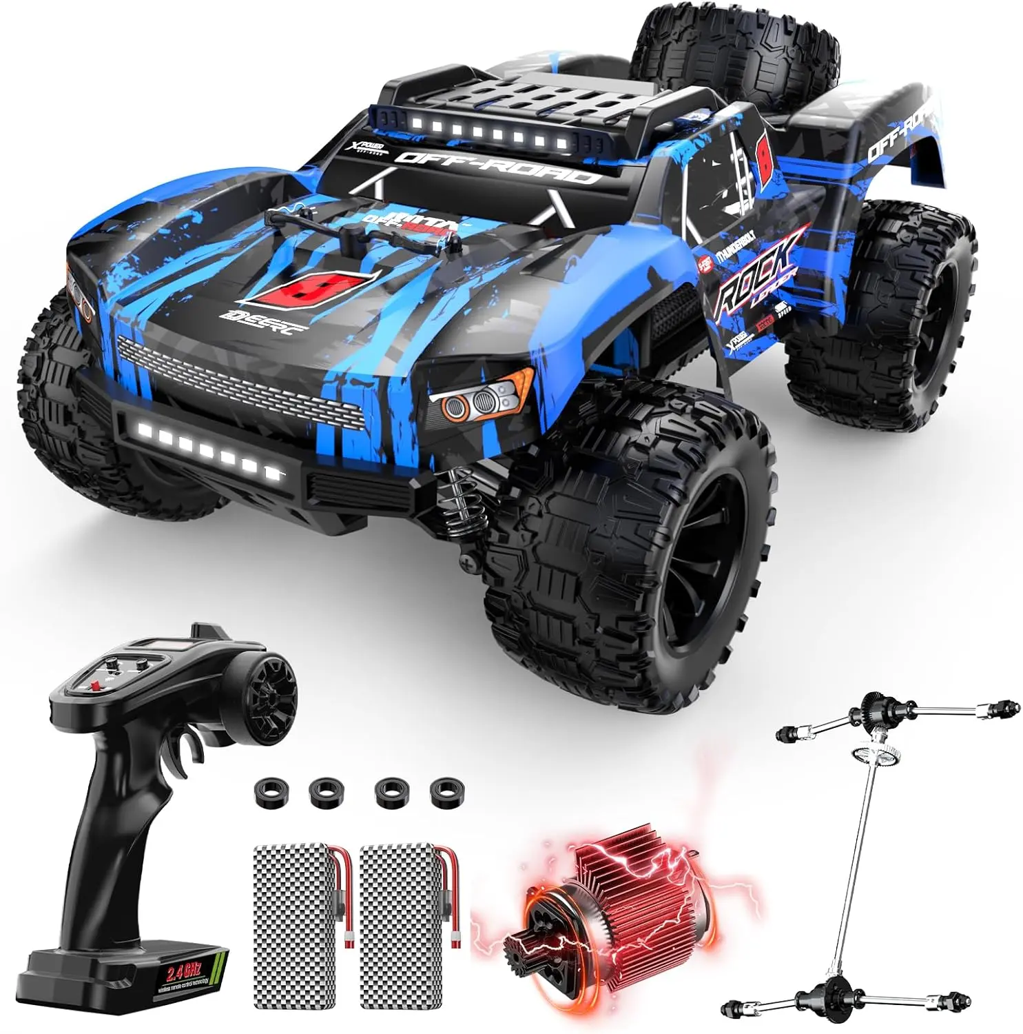DEERC 1/12 4WD High Speed RC Model Car - 45KPH Off-Road All Terrain Remote Controlled Short Course RC Truck with 2 Rechargeable Batteries & Spare Tire, Remote Controlled Car Rc Stunt Car Rc Supercar Kit