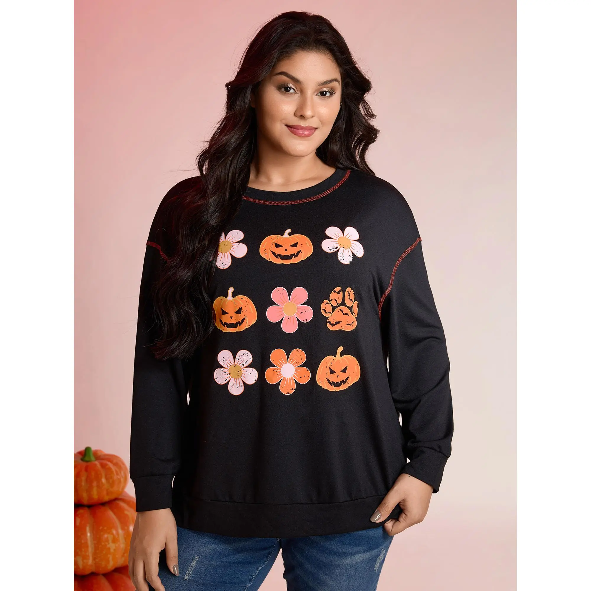 BloomChic Women's Halloween Floral Pumpkin Graphic Hoodie, Playful Drop Shoulder Long Sleeve Pullover Sweatshirt, Sweatshirts, Spandex, Fabric, Garment, Lady, Tops, Longsleeves, Drop Shoulders, Rayon, Polyester Blend, Playful Look, Graphic Print