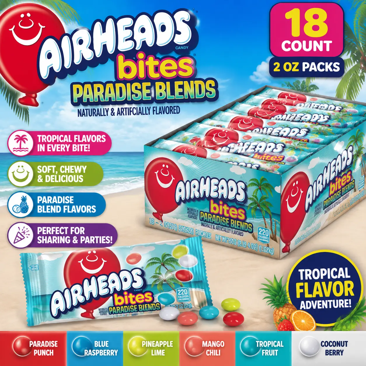 Airheads Bites Paradise Blend 2 oz 18 Count Tray  Soft & Chewy Fruity Candy Bites | Assorted Tropical Flavors for Snacking
