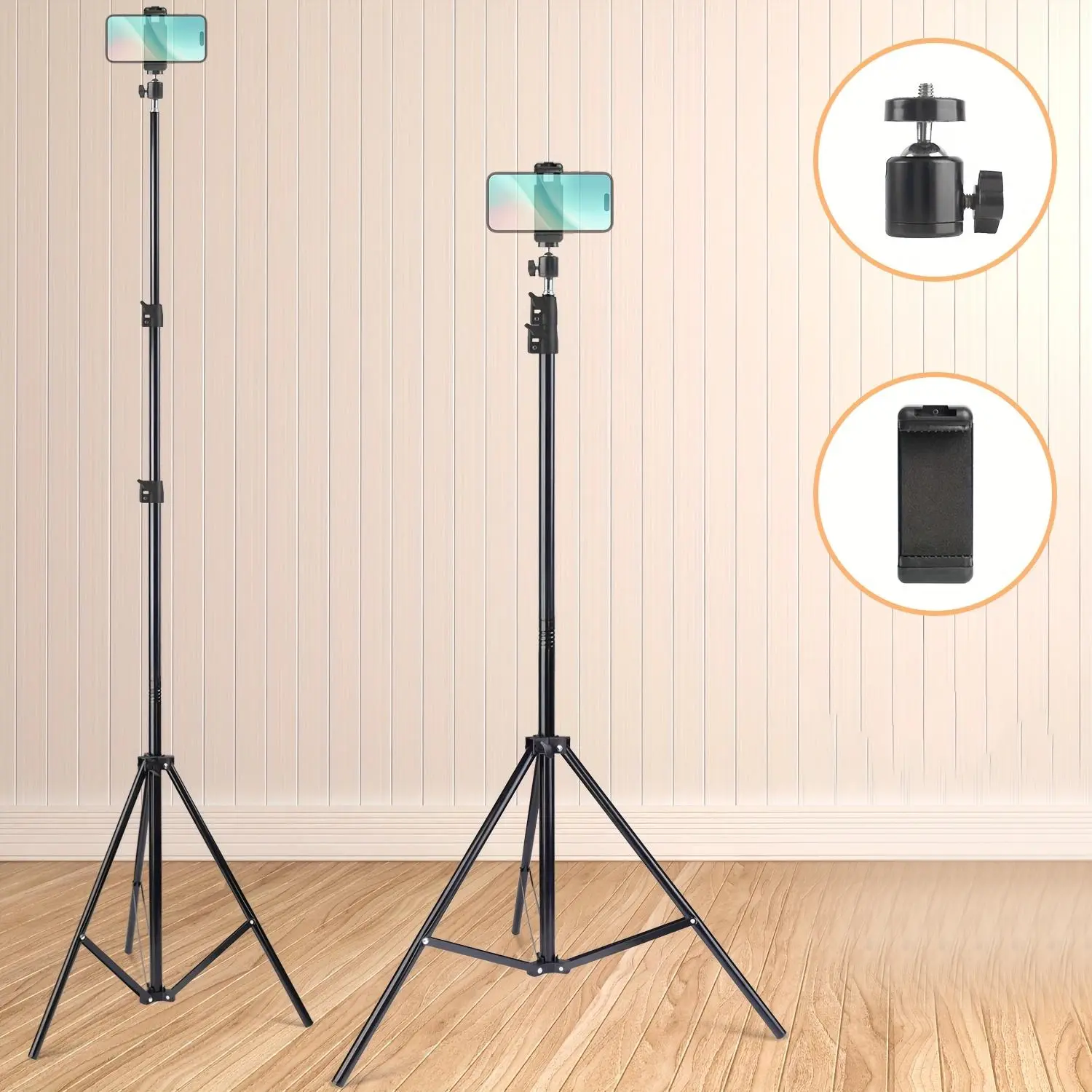 5ft Metal Phone Tripod Stand with Lock, Adjustable Holder, 360° Rotating Ball Head, Camera Attachment - For iPhone, Galaxy Smartphones, 360° Selfie Stick & Monopod, Photography Filming Setup