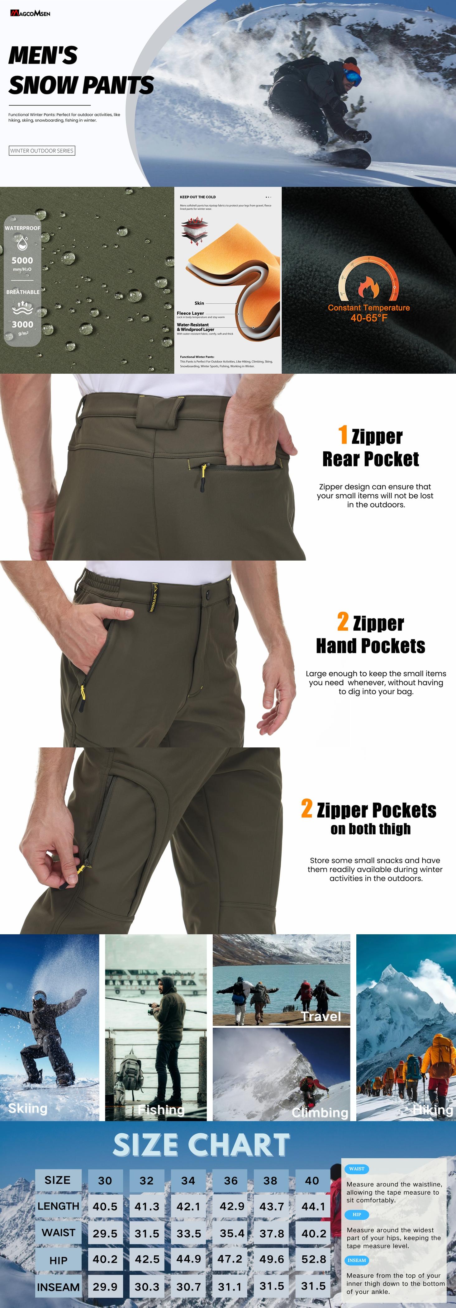 MAGCOMSEN Men's Winter Pants 5 Zip Pockets Snow Ski Pants Fleece Lined Water Resistant Hiking Pants FallFreshness Outdoorfun MAGCOMSEN Men's Winter Pants 5 Zip Pockets Snow Ski Pants Fleece Lined Water Resistant Hiking Pants FallFreshness Outdoorfun