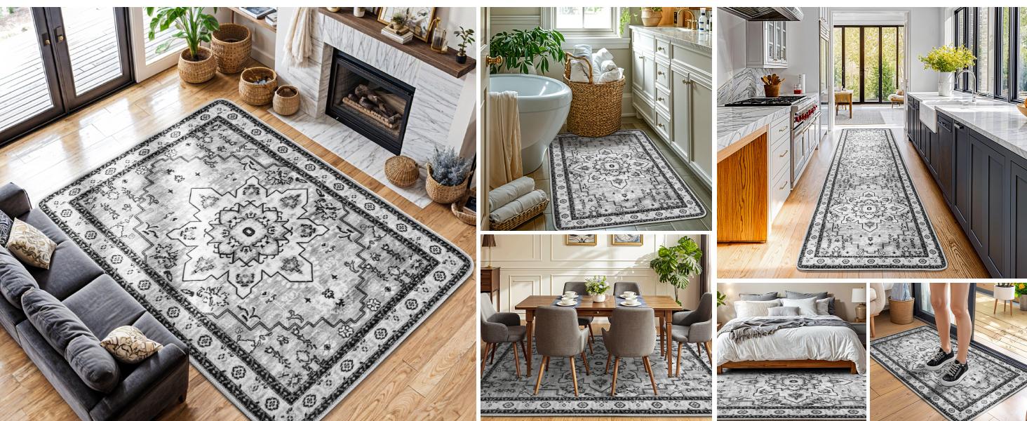 Shilucheng Boho Area Rug 9X12 Washable Rugs for Bedroom Low Piles Indoor Rugs, Non Slip Soft Rugs for Living Room, Foldable Pet Friendly Area Rugs