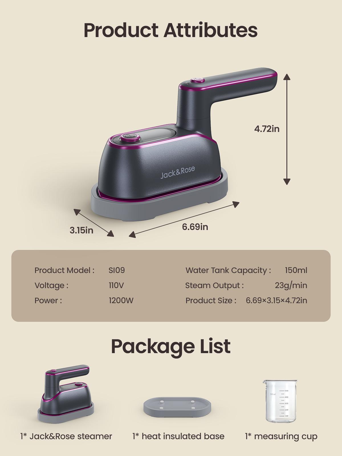 Jack&Rose 2-in-1 Steam Iron & Clothes Steamer - Handheld Portable Garment Wrinkle Remover, Fast Heat-Up, Large Soleplate, 150ml Water Tank - Lightweight for Home, Travel,