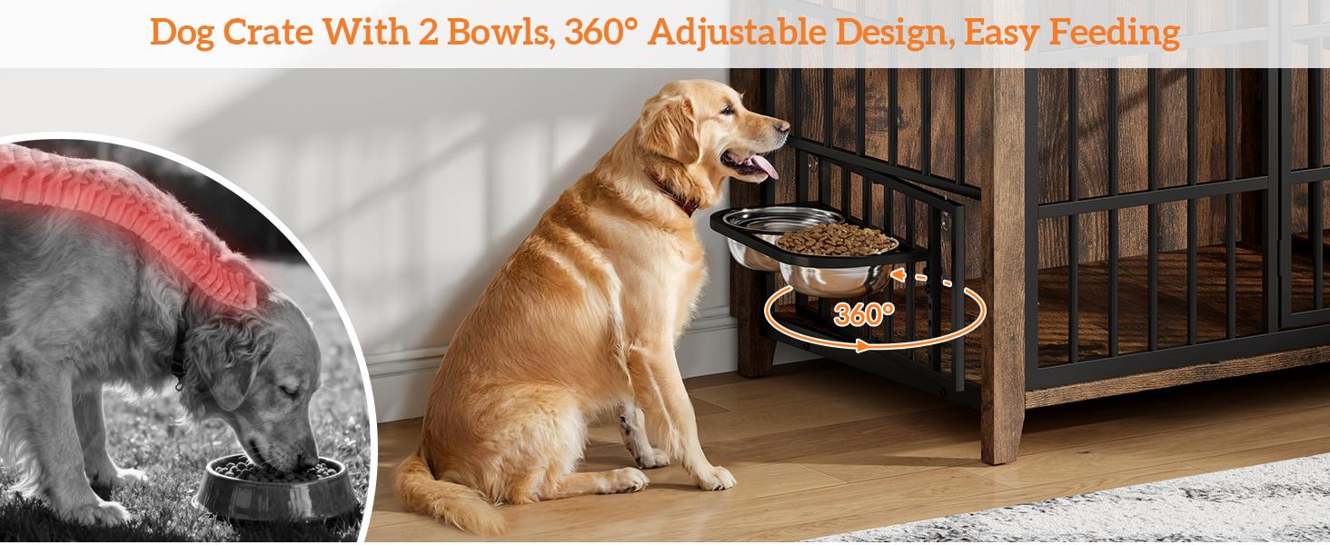 Aowos Wooden Dog Crate Furniture, Stylish Dogs Kennel for Small to Extra Large, Double Door & A Cushion & 360° Wheel, Single Door & 2 Bowels, 27''/32''/38''/44'', Metal, Chew-Proof Design, Dog Cage