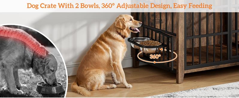 Aowos Wooden Dog Crate Furniture, Stylish Dogs Kennel for Small to Extra Large, Double Door & A Cushion & 360° Wheel, Single Door & 2 Bowels, 27''/32''/38''/44'', Metal, Chew-Proof Design, Dog Cage