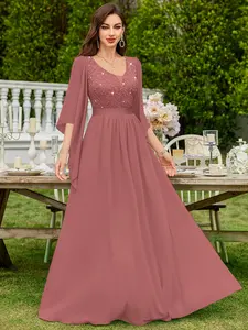 Miusol 53303 Women's Elegant Sequin Lace Maxi Evening Dress with 3/4 Butterfly Sleeves Style V Neckline Glamorous for Formal Prom & Wedding Guest Wear