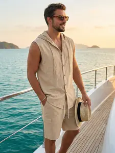 Men’s vacation loose linen breathable summer hooded sleeveless shirt and cargo shorts set Menswear casual