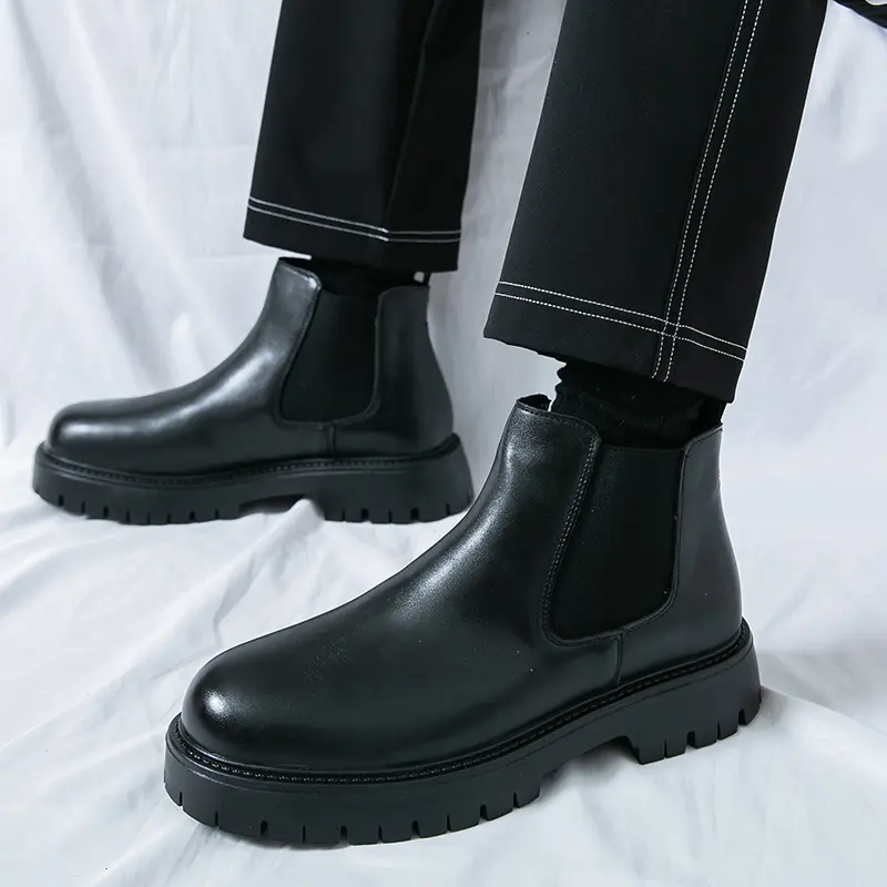 Men\'s Leather Chunky Platform Heel Stretch Chelsea Boots Wide Toe Slip On Lug Men main image 4