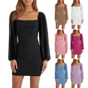 Wenrine Women's Mesh Long Sleeve Square Neck Ruched Bodycon Mini Dress for Party Club Cocktail Formal Wear