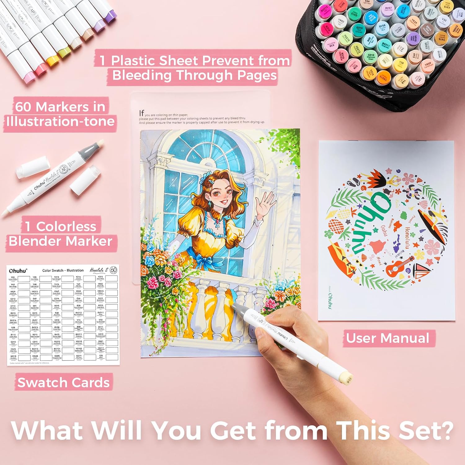 Ohuhu Soft Chisel Alcohol Markers Red Dot Design Award Winner Brush & Soft Chisel Dual Tips Drawing Markers for Artist Beginner Adult Coloring Illustration Sketching -Honolulu S - 24 skin-tone / 48 basic tone / 60 Illustration-color