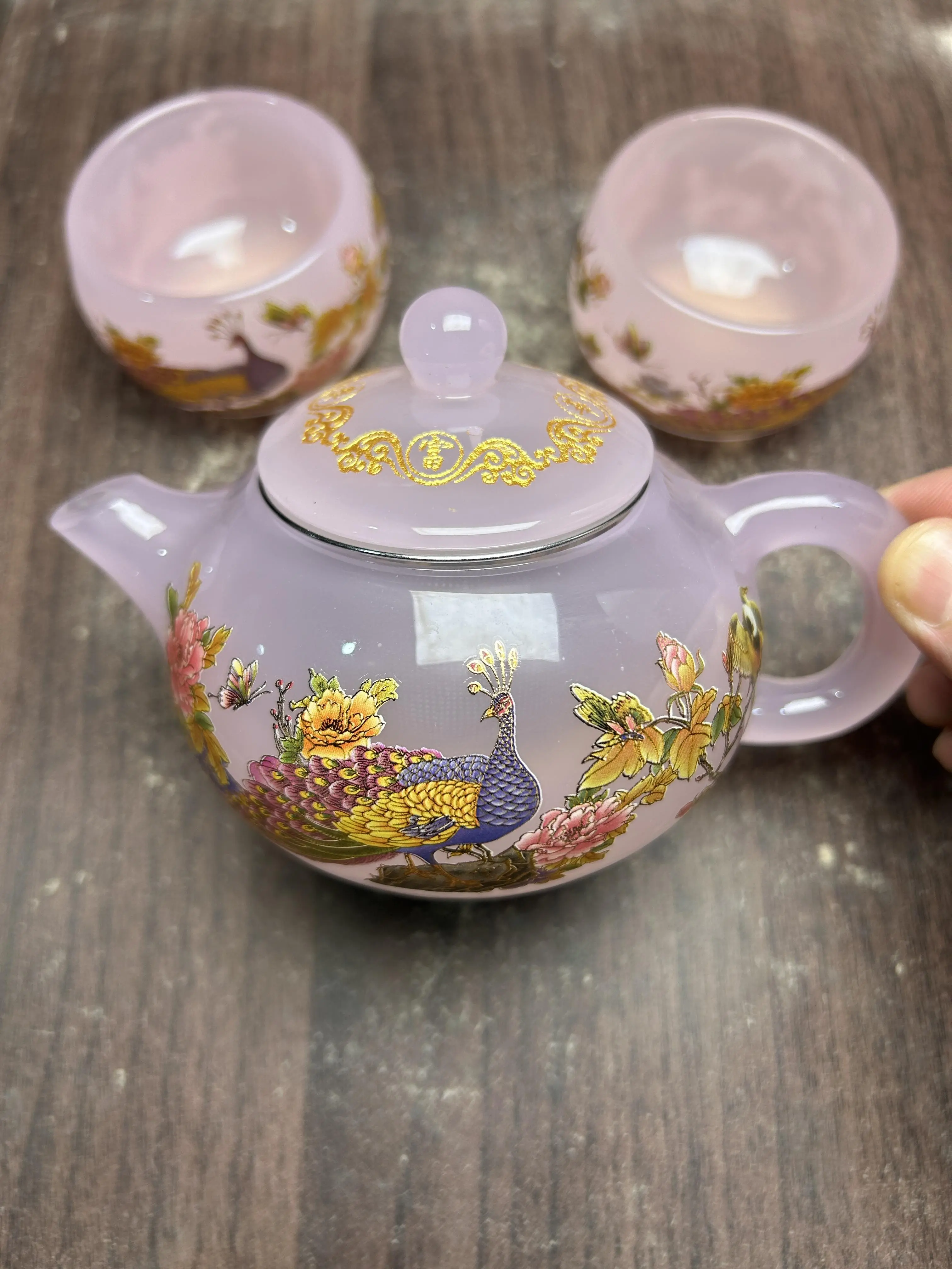 Aesthetic Porcelain Tea Cups Set - 158L Luminous Pink Teapot Set with Peacock, Floral, Bird Designs and Gold Accents (Jianzhan Collectible Cultural Item), Porcelain Tea Set
