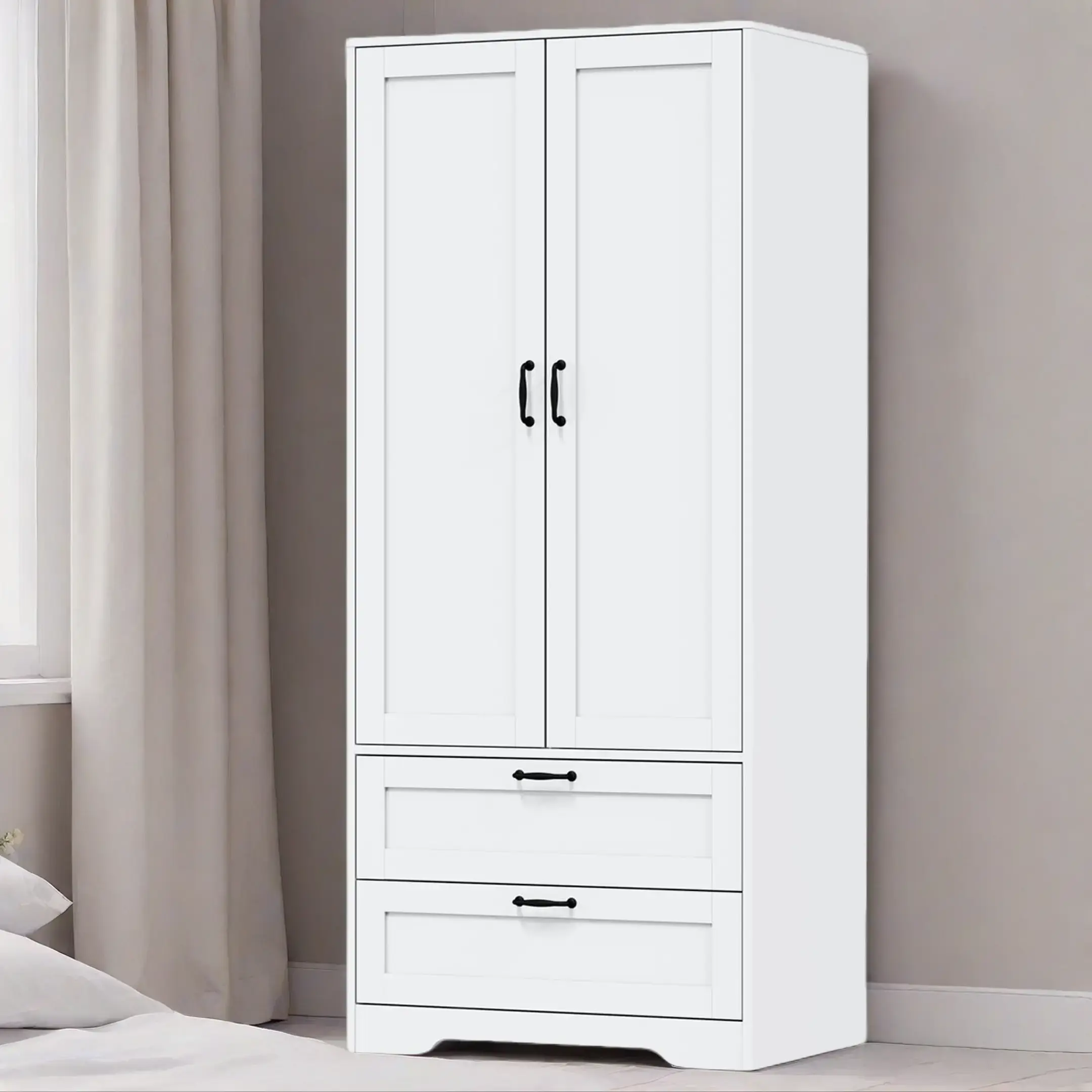 Wooden Freestanding Wardrobe Closet - Modern Wooden Armoires with 2 Doors, 2 Drawers, Hanging Rod, Large Storage Space, Easy Assembly for Bedroom, Living Room Clothes Storage, Wooden Wardrobe Closet
