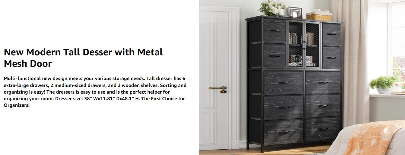 【Storage Cabinet】Raybee Heavy-Duty 10 Drawers Dresser for Bedroom,Thickened Board Material,Fabric Tall Dresser & Chests of Drawers with Metal Mesh Door,Organizer,drawerstorage in Cabinet,homedecor Furniture,easy assemble,38"W x 11.81"D x 48.1"H