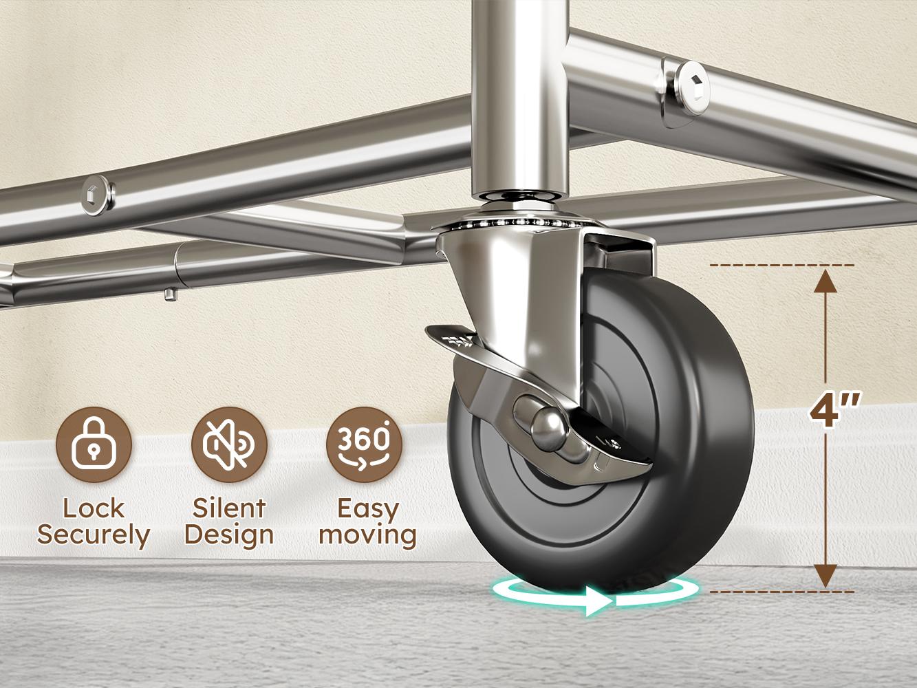 Raybee Furniture Clothes rack for hanging Clothes Rack with Hooks, Extendable & Height Adjustable Clothing Rack, Heavy Duty Clothes Racks Holds Up to 220LBS,Coat Rack, Portable Rolling Garment Rack with Lockable Wheels & 4 Hooks, Chrome