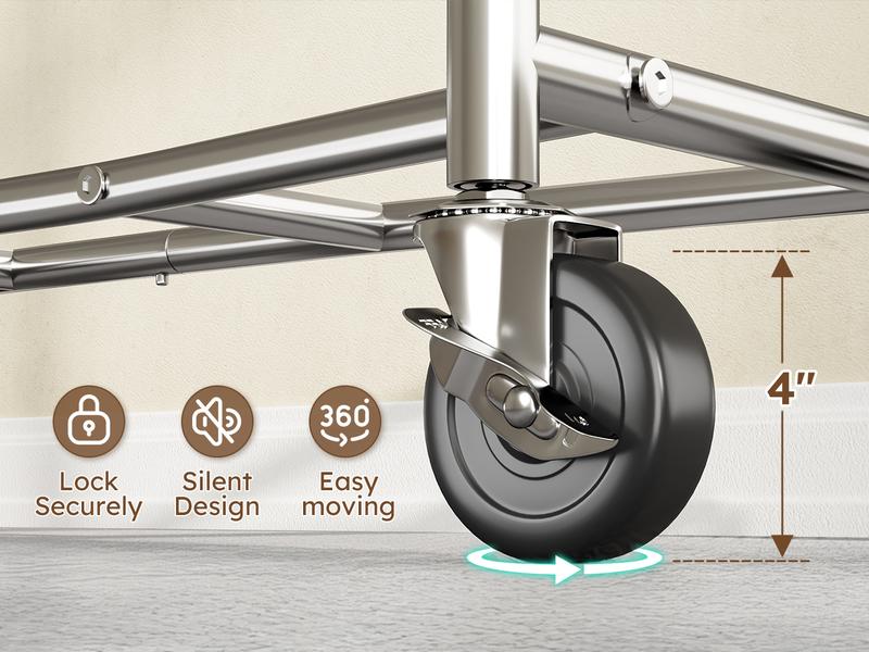 Raybee Furniture Clothes rack for hanging Clothes Rack with Hooks, Extendable & Height Adjustable Clothing Rack, Heavy Duty Clothes Racks Holds Up to 220LBS,Coat Rack, Portable Rolling Garment Rack with Lockable Wheels & 4 Hooks, Chrome