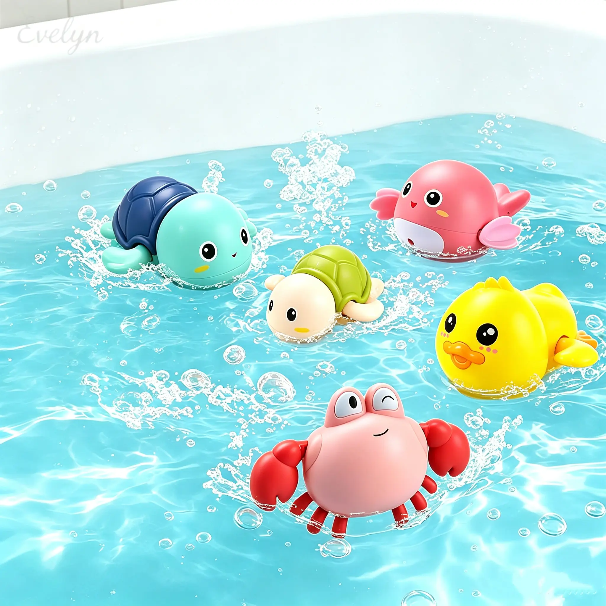 Floating Bath Toys for Kids, Cute Wind-Up Animal Figures Set, Assorted Self-Swimming Turtle, Duck, Crab & Fish for Bathtub Pool Play, Cute Figures, Turtles, Mechanical, 6Pcs