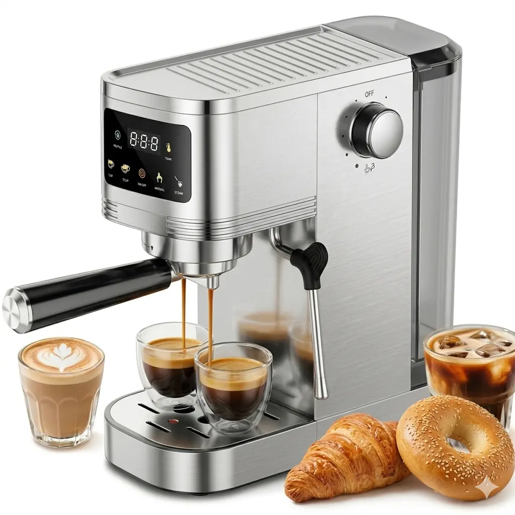 20-Bar Compact Stainless Steel Espresso Machine - Kitchen Coffee Appliance, Cafe Luxe Design, Touchscreen Control, NTC Temp Control, Timer, Milk Frother Steam Wand, 15-Min Auto Shutoff, Small Footprint, Beginner-Friendly for Latte at Home