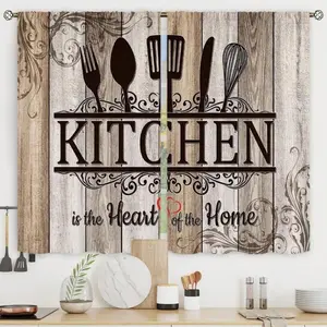2 Panel  Retro Farmhouse Kitchen Curtains Short Small Funny Quotes Rustic Wooden Plank Knife And Spoon Rod Pocket Vintage Brown Country Bedroom Living Room Treatment Kitchen Decor